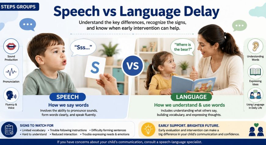 Speech vs language delay comparison showing the difference between speaking clearly and understanding or using language in children.